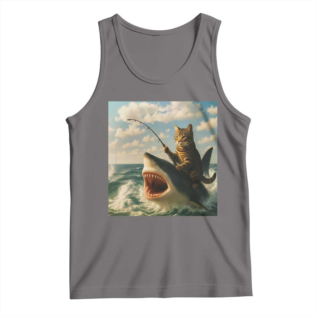 Funny Cat Riding Shark Tank Top Fishing Fisherman Ocean Lover Humor TS14 Deep Heather Print Your Wear