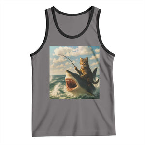 Funny Cat Riding Shark Tank Top Fishing Fisherman Ocean Lover Humor TS14 Deep Heather Black Print Your Wear
