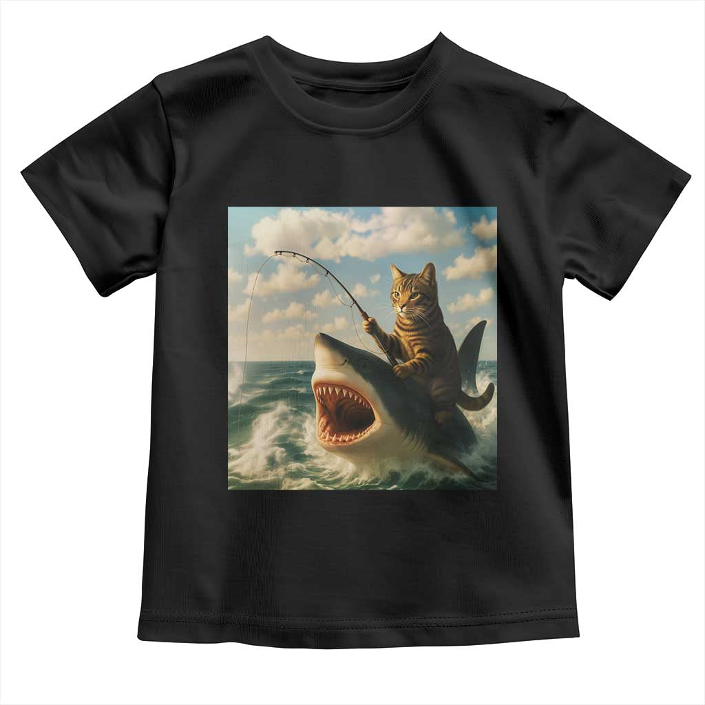 Funny Cat Riding Shark Toddler T Shirt Fishing Fisherman Ocean Lover Humor TS14 Black Print Your Wear