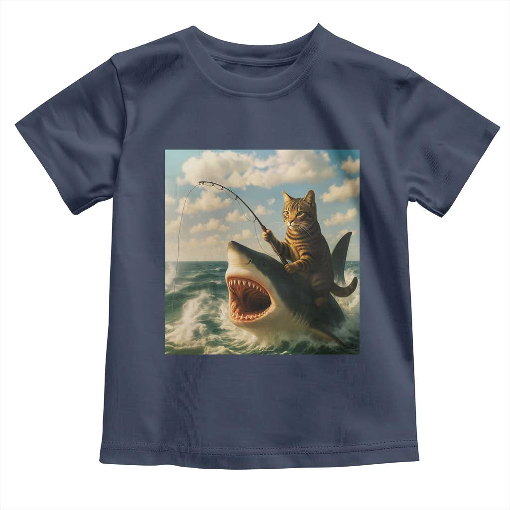 Funny Cat Riding Shark Toddler T Shirt Fishing Fisherman Ocean Lover Humor TS14 Navy Print Your Wear