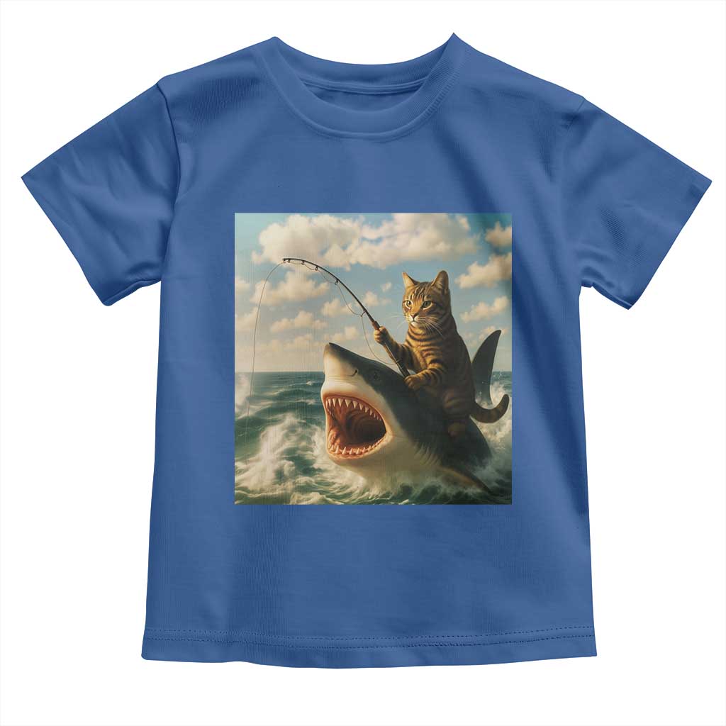 Funny Cat Riding Shark Toddler T Shirt Fishing Fisherman Ocean Lover Humor TS14 Royal Blue Print Your Wear
