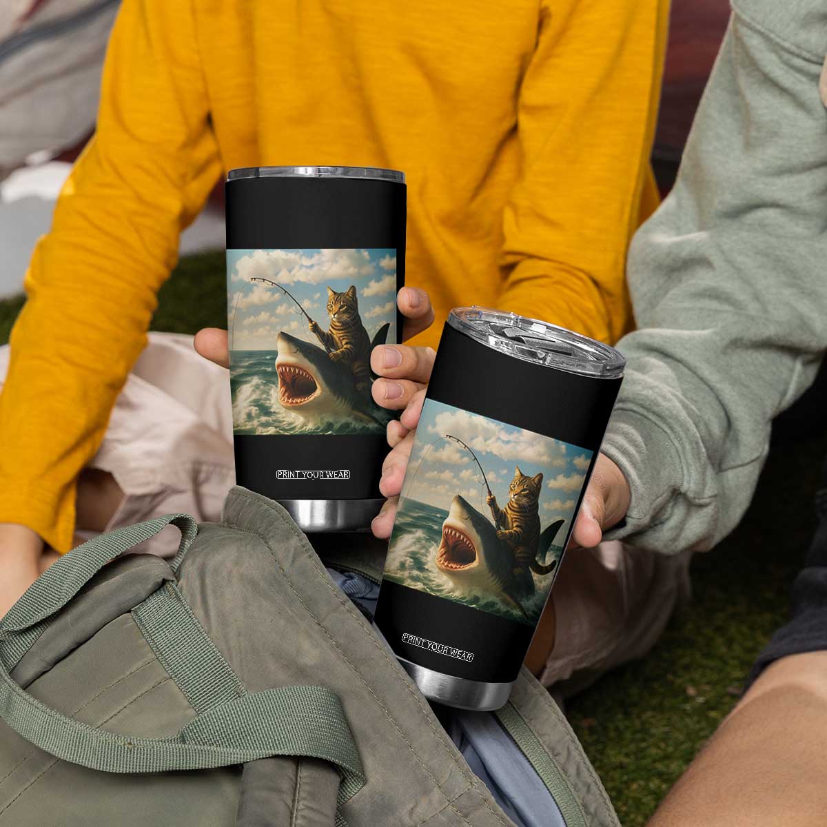 Funny Cat Riding Shark Tumbler Cup Fishing Fisherman Ocean Lover Humor TS14 Print Your Wear