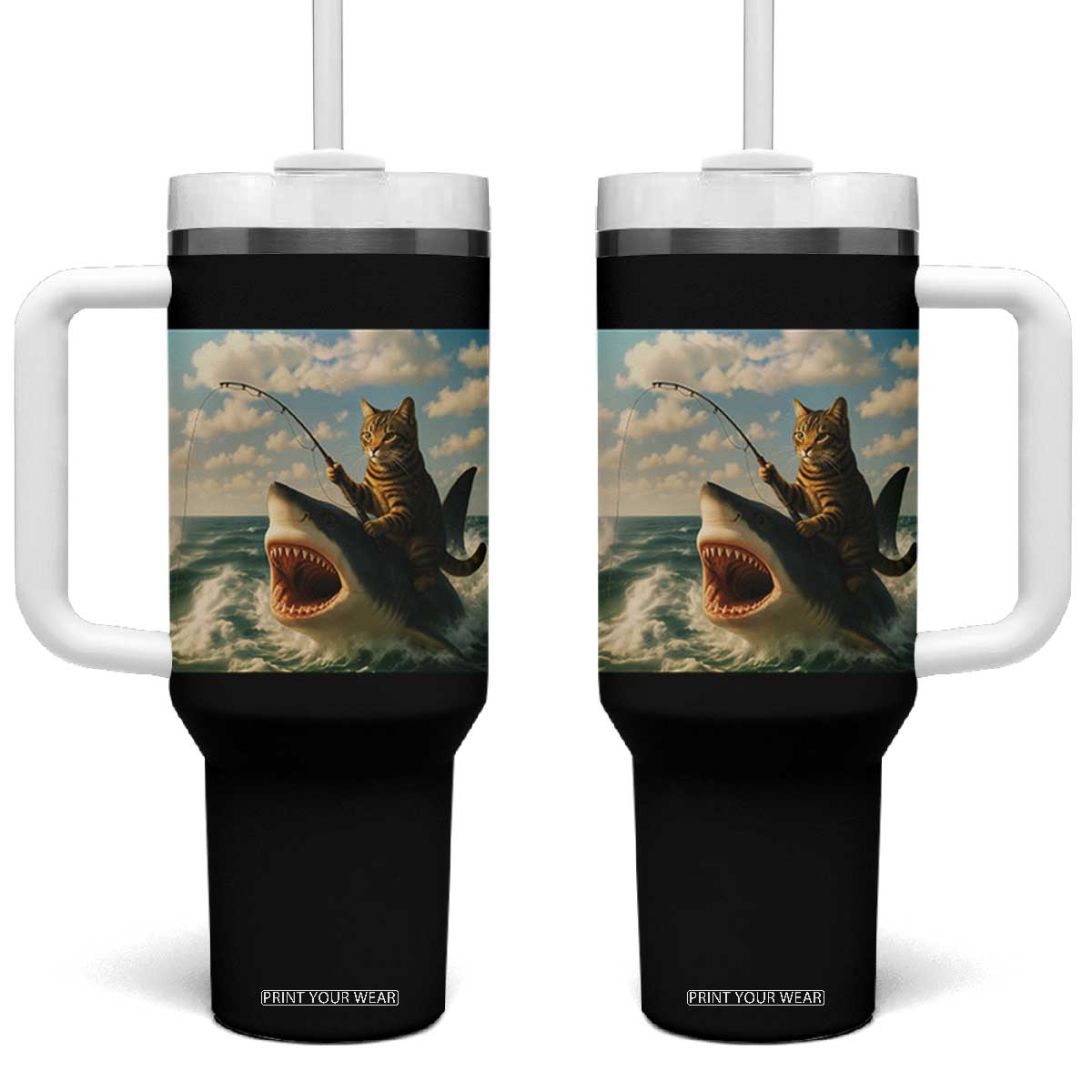 Funny Cat Riding Shark Tumbler With Handle Fishing Fisherman Ocean Lover Humor TS14 One Size: 40 oz Black Print Your Wear