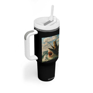 Funny Cat Riding Shark Tumbler With Handle Fishing Fisherman Ocean Lover Humor TS14 Print Your Wear