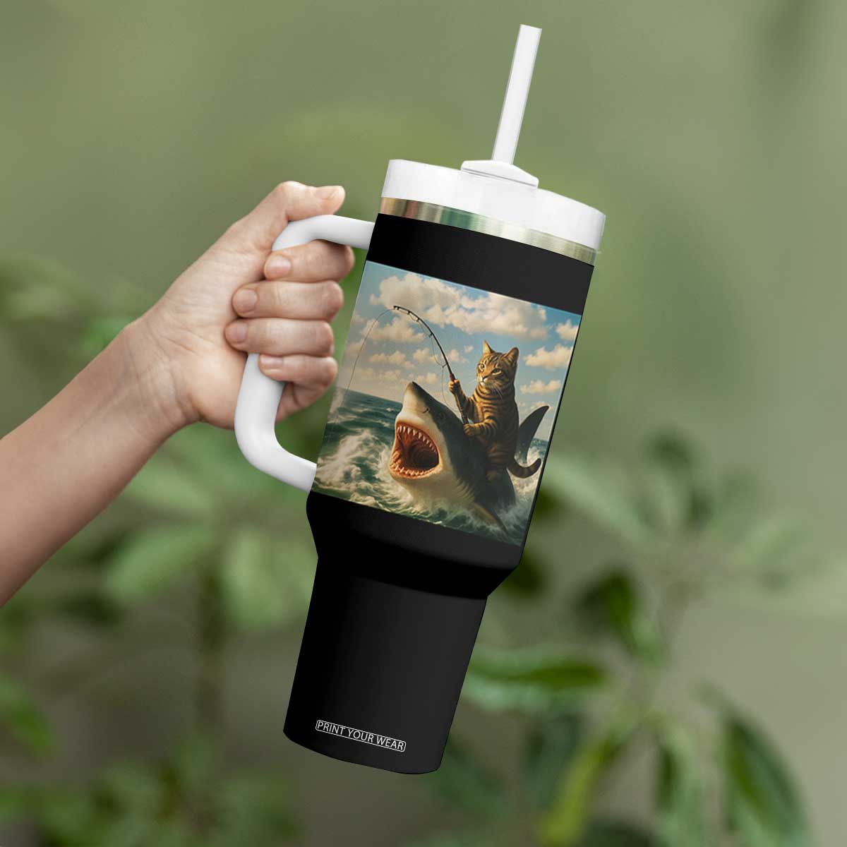 Funny Cat Riding Shark Tumbler With Handle Fishing Fisherman Ocean Lover Humor TS14 Print Your Wear