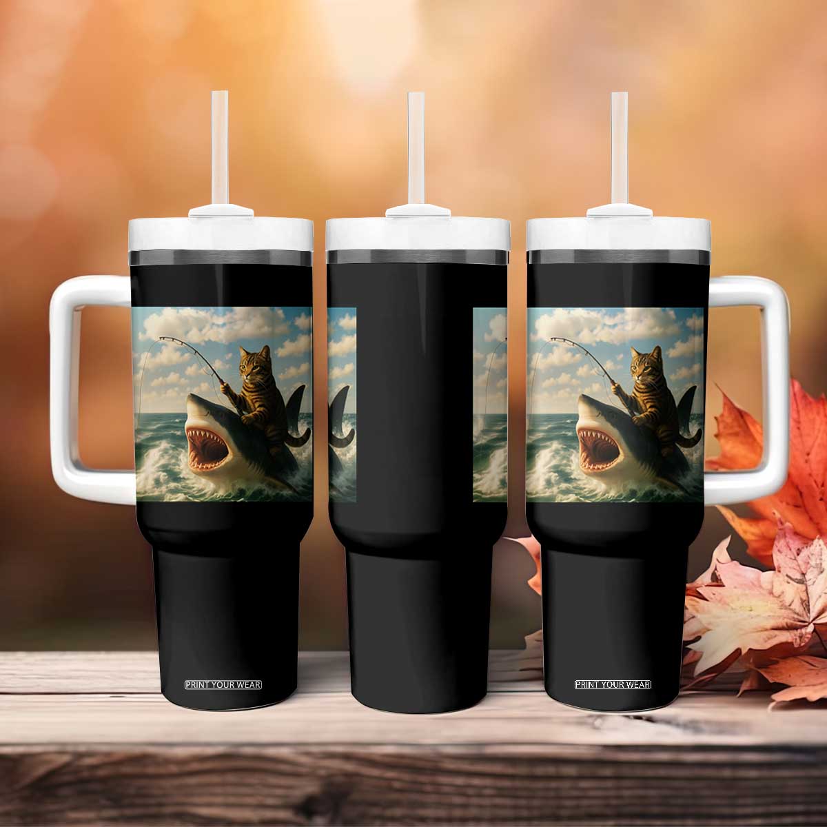 Funny Cat Riding Shark Tumbler With Handle Fishing Fisherman Ocean Lover Humor TS14 Print Your Wear