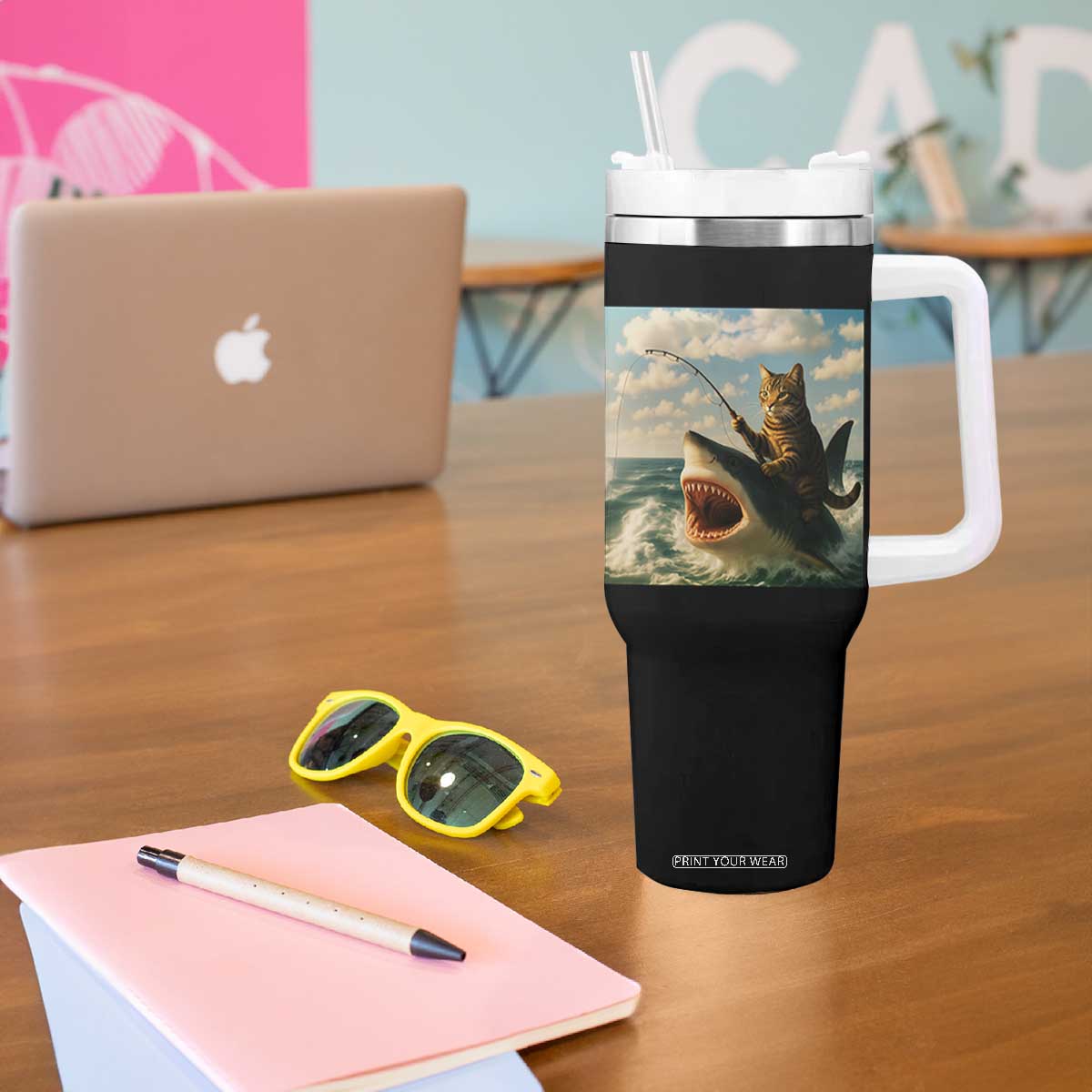 Funny Cat Riding Shark Tumbler With Handle Fishing Fisherman Ocean Lover Humor TS14 Print Your Wear