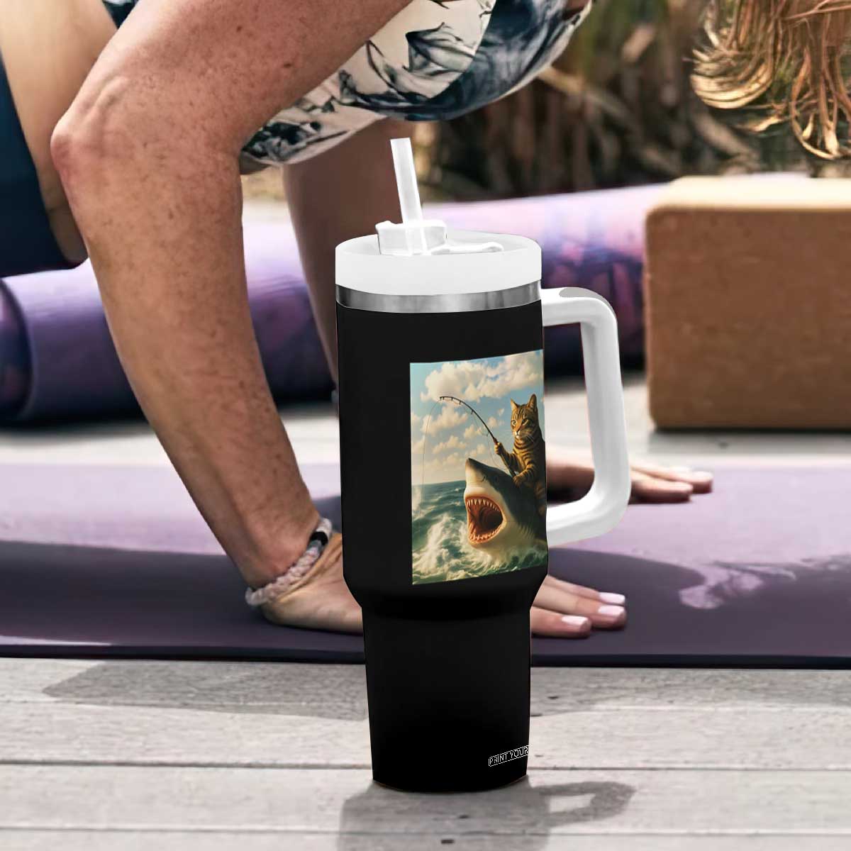 Funny Cat Riding Shark Tumbler With Handle Fishing Fisherman Ocean Lover Humor TS14 Print Your Wear