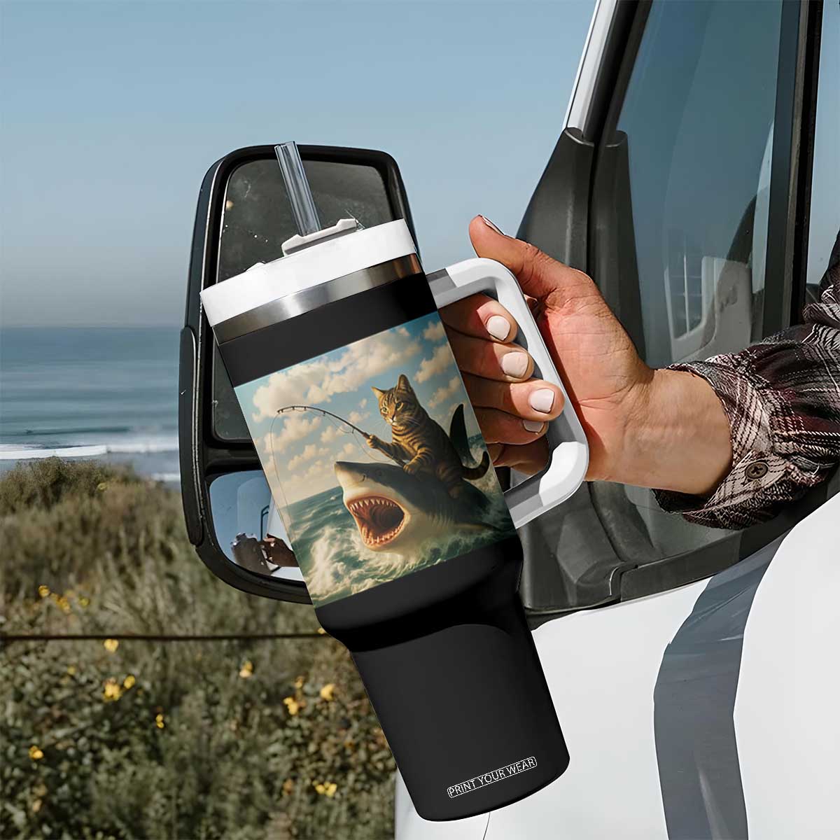 Funny Cat Riding Shark Tumbler With Handle Fishing Fisherman Ocean Lover Humor TS14 Print Your Wear