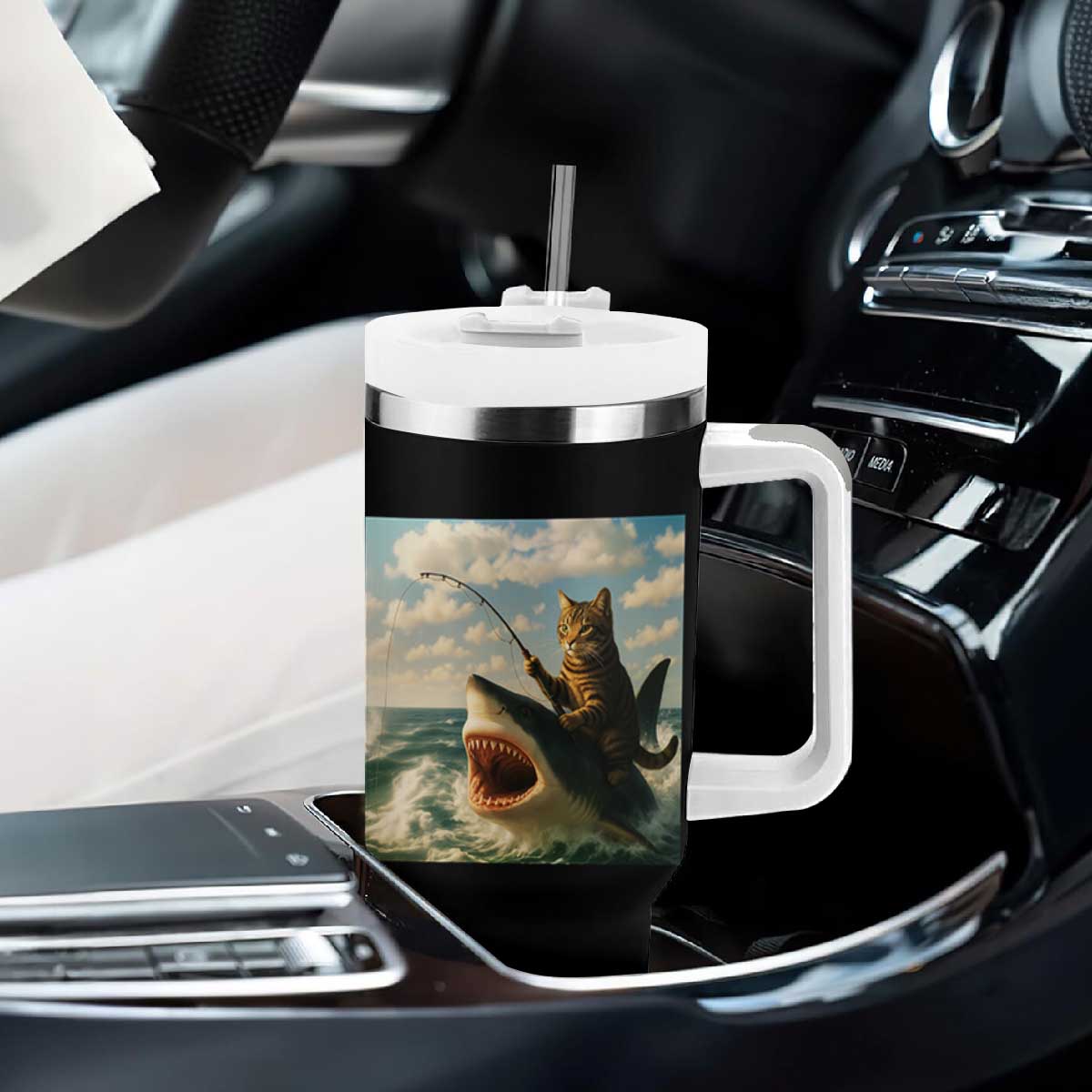 Funny Cat Riding Shark Tumbler With Handle Fishing Fisherman Ocean Lover Humor TS14 Print Your Wear