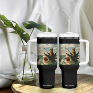 Funny Cat Riding Shark Tumbler With Handle Fishing Fisherman Ocean Lover Humor TS14 Print Your Wear