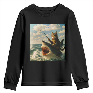 Funny Cat Riding Shark Youth Sweatshirt Fishing Fisherman Ocean Lover Humor TS14 Black Print Your Wear