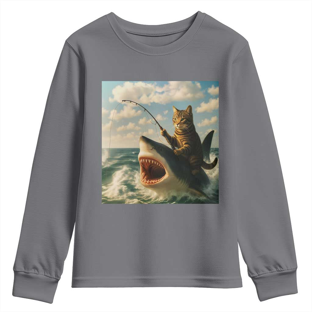 Funny Cat Riding Shark Youth Sweatshirt Fishing Fisherman Ocean Lover Humor TS14 Charcoal Print Your Wear