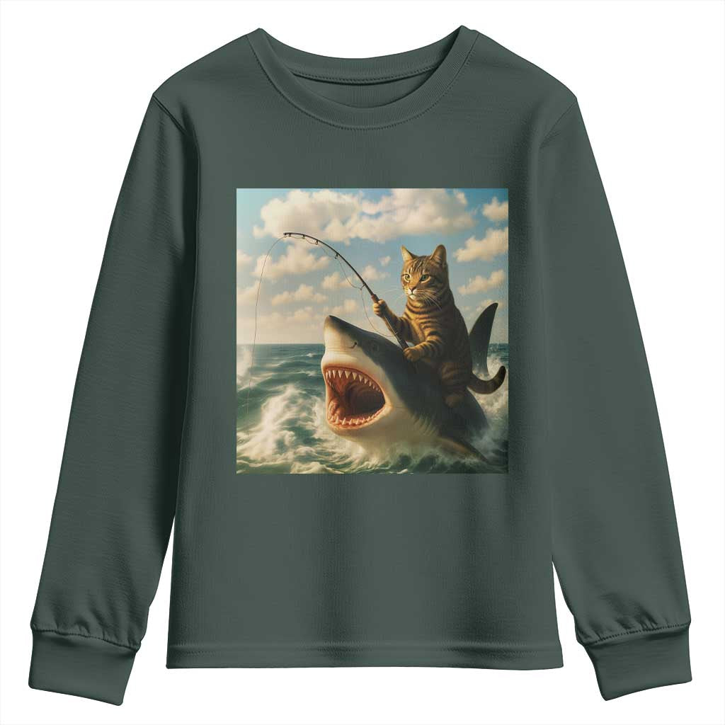 Funny Cat Riding Shark Youth Sweatshirt Fishing Fisherman Ocean Lover Humor TS14 Dark Forest Green Print Your Wear
