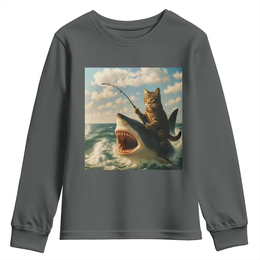 Funny Cat Riding Shark Youth Sweatshirt Fishing Fisherman Ocean Lover Humor TS14 Dark Heather Print Your Wear