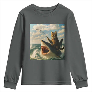 Funny Cat Riding Shark Youth Sweatshirt Fishing Fisherman Ocean Lover Humor TS14 Dark Heather Print Your Wear