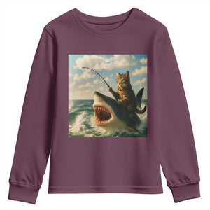 Funny Cat Riding Shark Youth Sweatshirt Fishing Fisherman Ocean Lover Humor TS14 Maroon Print Your Wear