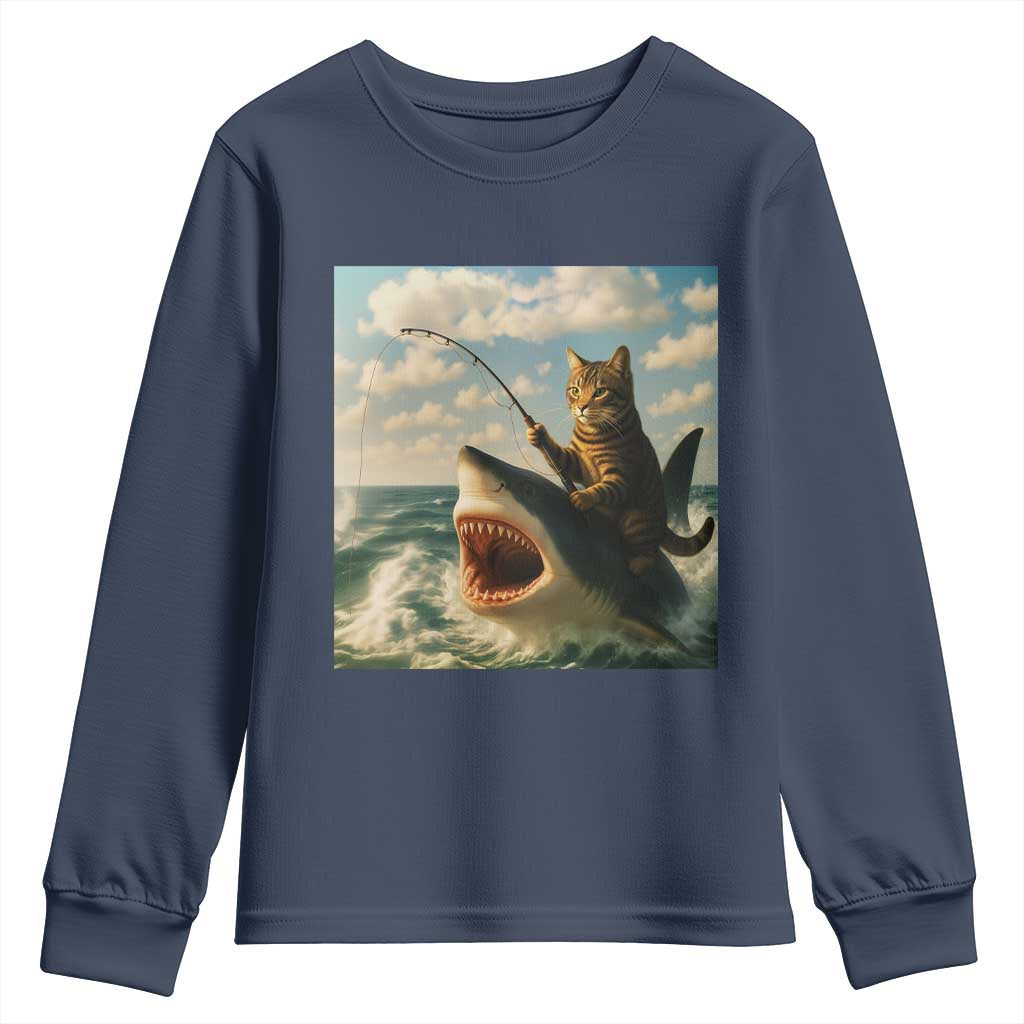 Funny Cat Riding Shark Youth Sweatshirt Fishing Fisherman Ocean Lover Humor TS14 Navy Print Your Wear