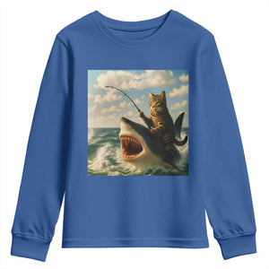 Funny Cat Riding Shark Youth Sweatshirt Fishing Fisherman Ocean Lover Humor TS14 Royal Blue Print Your Wear