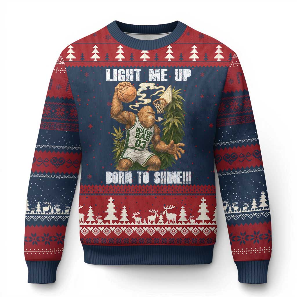 Funny Bigfoot Basketball Ugly Christmas Sweater Light Me Up Born To Shine TS14 Navy Red Print Your Wear