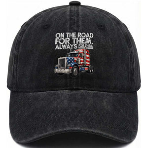 Truck Driver American Flag Washed Cotton Baseball Cap On The Road For Them Always For Them Trucker Life TS14 Washed Cap Universal Fit Black Print Your Wear