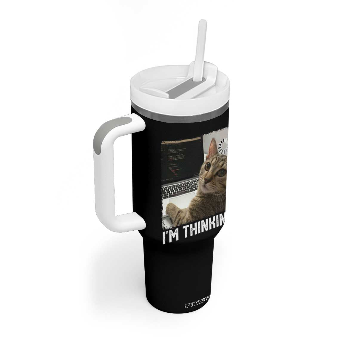 Tech Support Cat Tumbler With Handle I'm Thinking Funny Computer Engineer Coding Kitty TS14 Print Your Wear