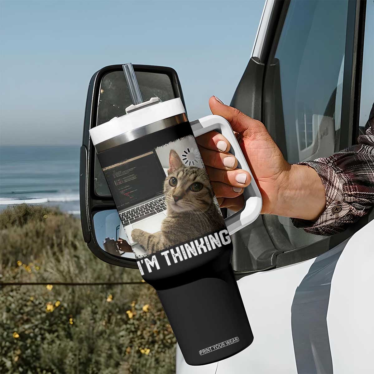 Tech Support Cat Tumbler With Handle I'm Thinking Funny Computer Engineer Coding Kitty TS14 Print Your Wear
