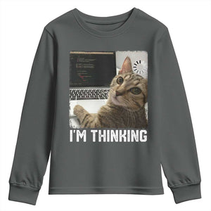 Tech Support Cat Youth Sweatshirt I'm Thinking Funny Computer Engineer Coding Kitty TS14 Dark Heather Print Your Wear