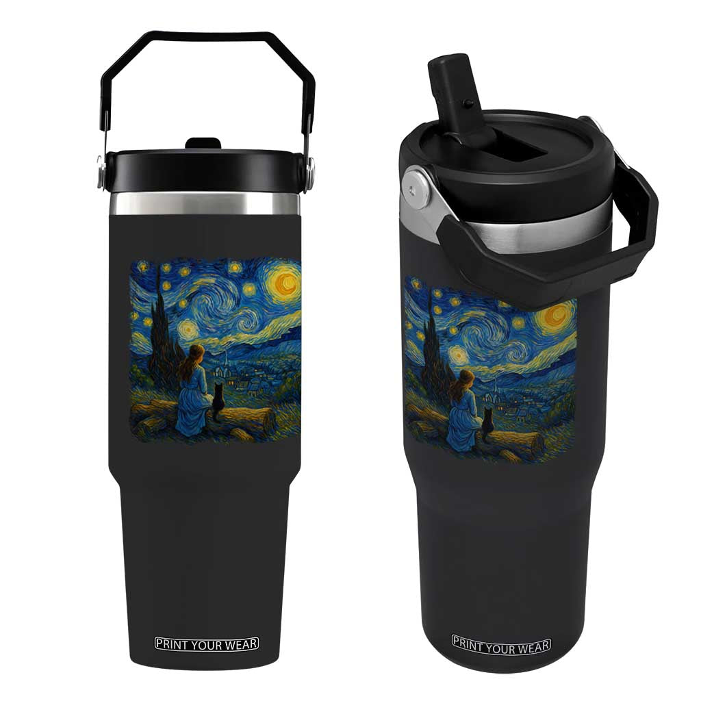 Cute Cat Starry Night Flip Straw Tumbler Kitty Lovers TS14 One Size: 30 oz Black Print Your Wear
