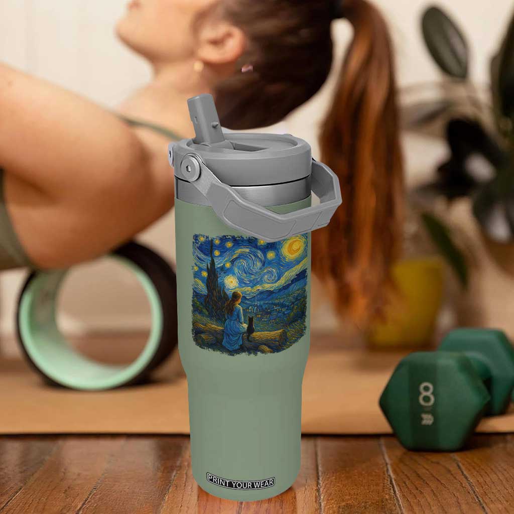 Cute Cat Starry Night Flip Straw Tumbler Kitty Lovers TS14 One Size: 30 oz Moss Green Print Your Wear