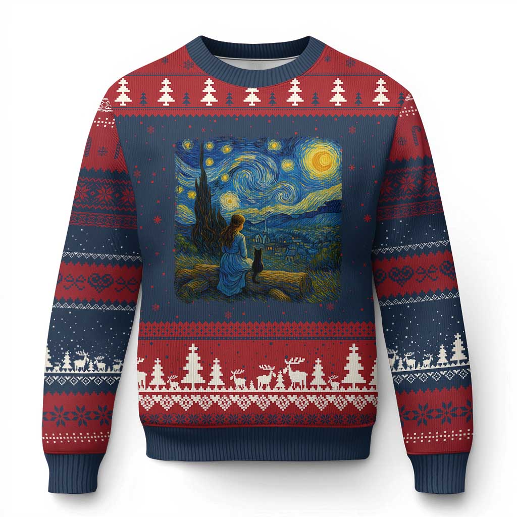 Cute Cat Starry Night Ugly Christmas Sweater Kitty Lovers TS14 Navy Red Print Your Wear