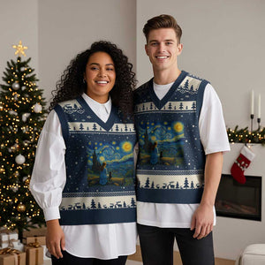 Cute Cat Starry Night V-Neck Knit Sweater Vest Kitty Lovers TS14 Navy Beige Print Your Wear