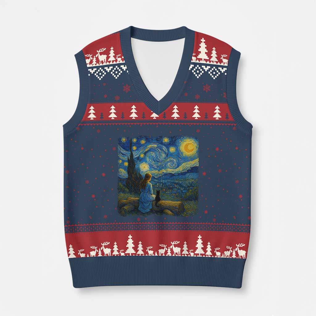 Cute Cat Starry Night V-Neck Knit Sweater Vest Kitty Lovers TS14 Navy Red Print Your Wear