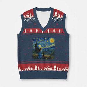 Cute Cat Starry Night V-Neck Knit Sweater Vest Kitty Lovers TS14 Navy Red Print Your Wear