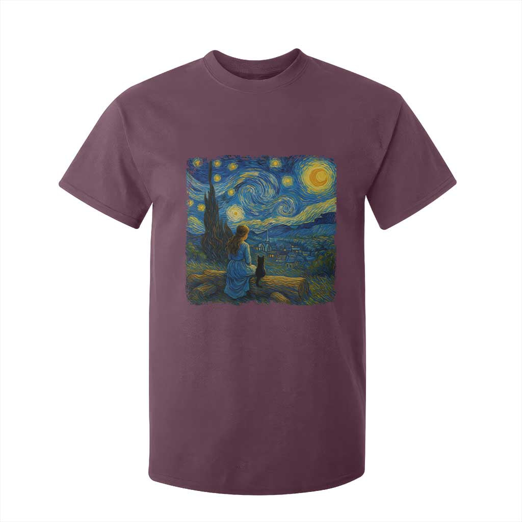 Cute Cat Starry Night T Shirt For Kid Kitty Lovers TS14 Maroon Print Your Wear