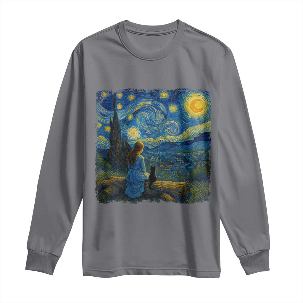 Cute Cat Starry Night Long Sleeve Shirt Kitty Lovers TS14 Charcoal Print Your Wear