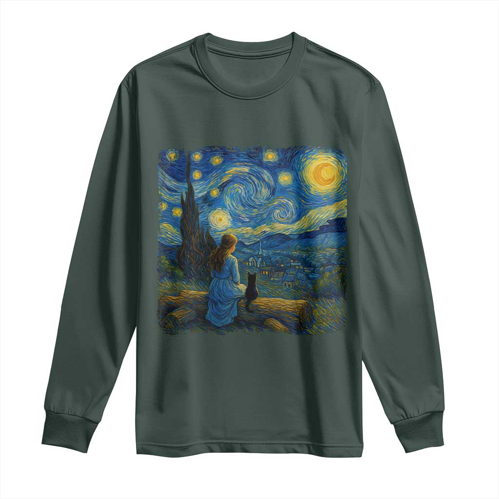 Cute Cat Starry Night Long Sleeve Shirt Kitty Lovers TS14 Dark Forest Green Print Your Wear
