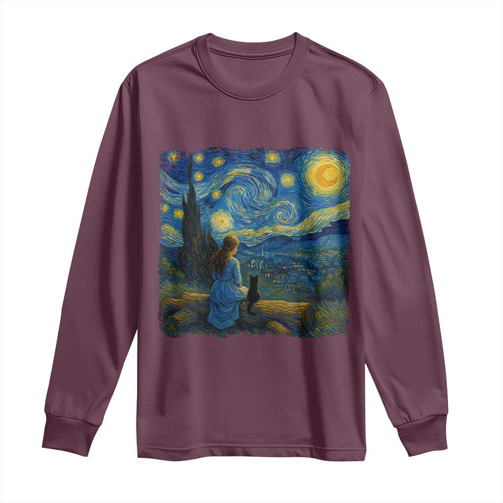 Cute Cat Starry Night Long Sleeve Shirt Kitty Lovers TS14 Maroon Print Your Wear