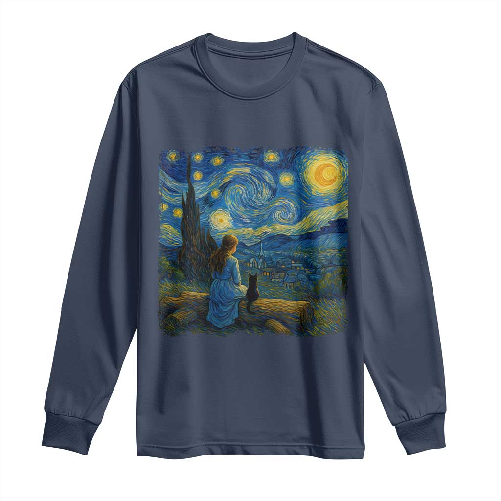 Cute Cat Starry Night Long Sleeve Shirt Kitty Lovers TS14 Navy Print Your Wear