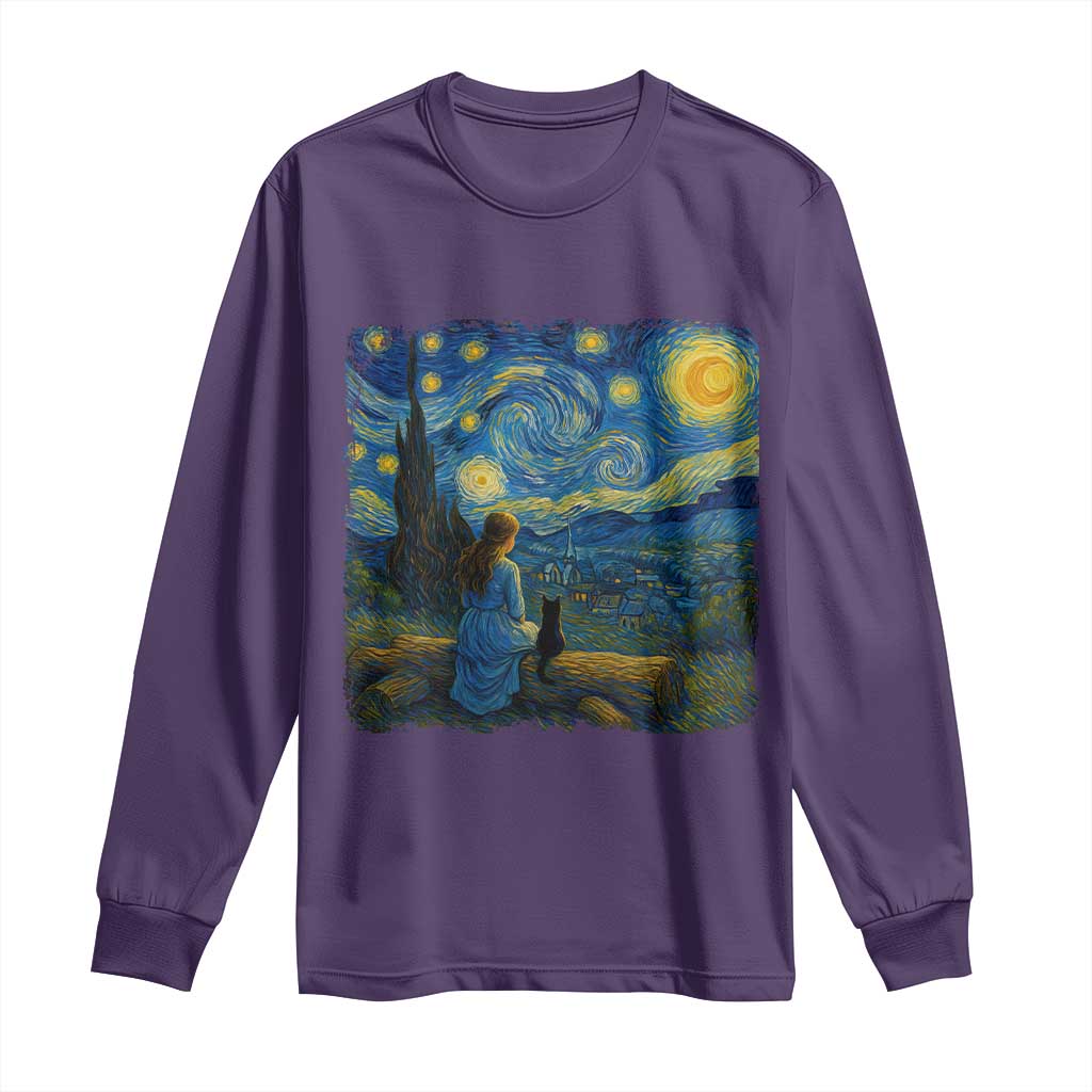 Cute Cat Starry Night Long Sleeve Shirt Kitty Lovers TS14 Purple Print Your Wear