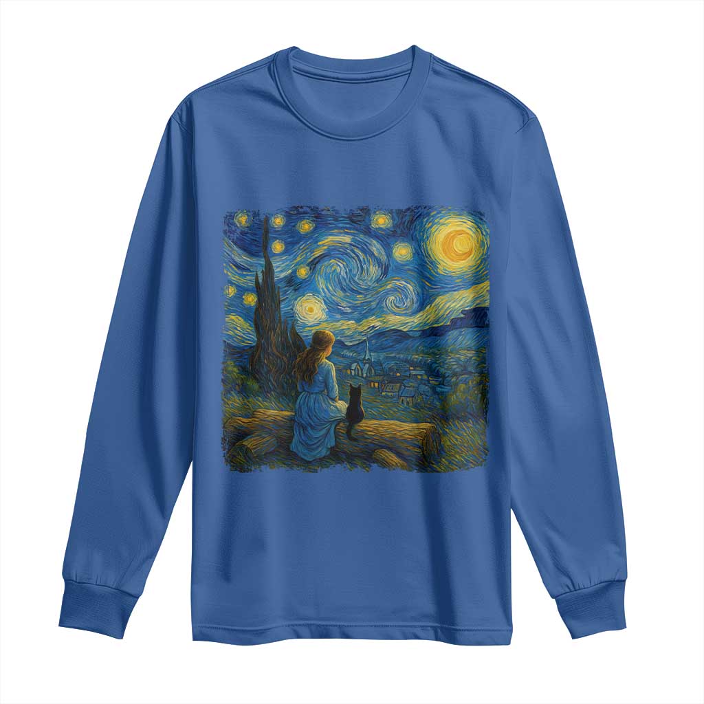 Cute Cat Starry Night Long Sleeve Shirt Kitty Lovers TS14 Royal Blue Print Your Wear