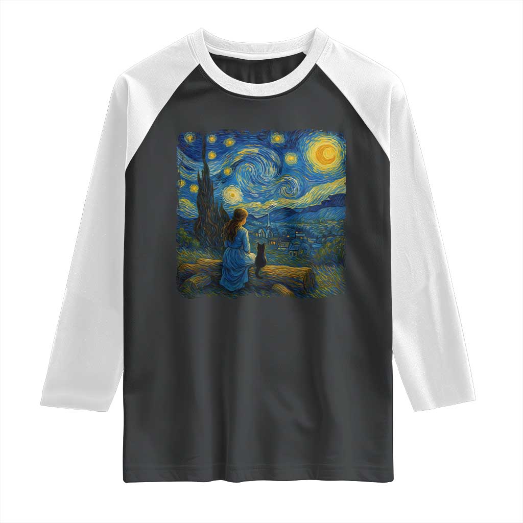 Cute Cat Starry Night Raglan Shirt Kitty Lovers TS14 Black White Print Your Wear