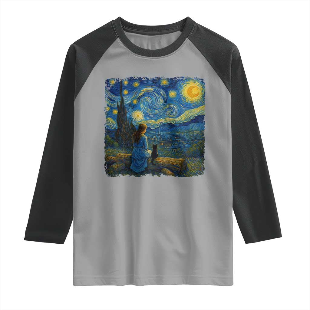Cute Cat Starry Night Raglan Shirt Kitty Lovers TS14 Sport Gray Black Print Your Wear