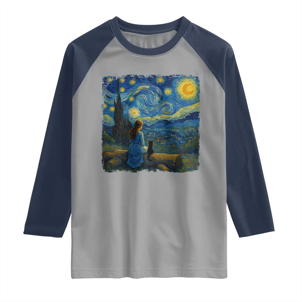 Cute Cat Starry Night Raglan Shirt Kitty Lovers TS14 Sport Gray Navy Print Your Wear