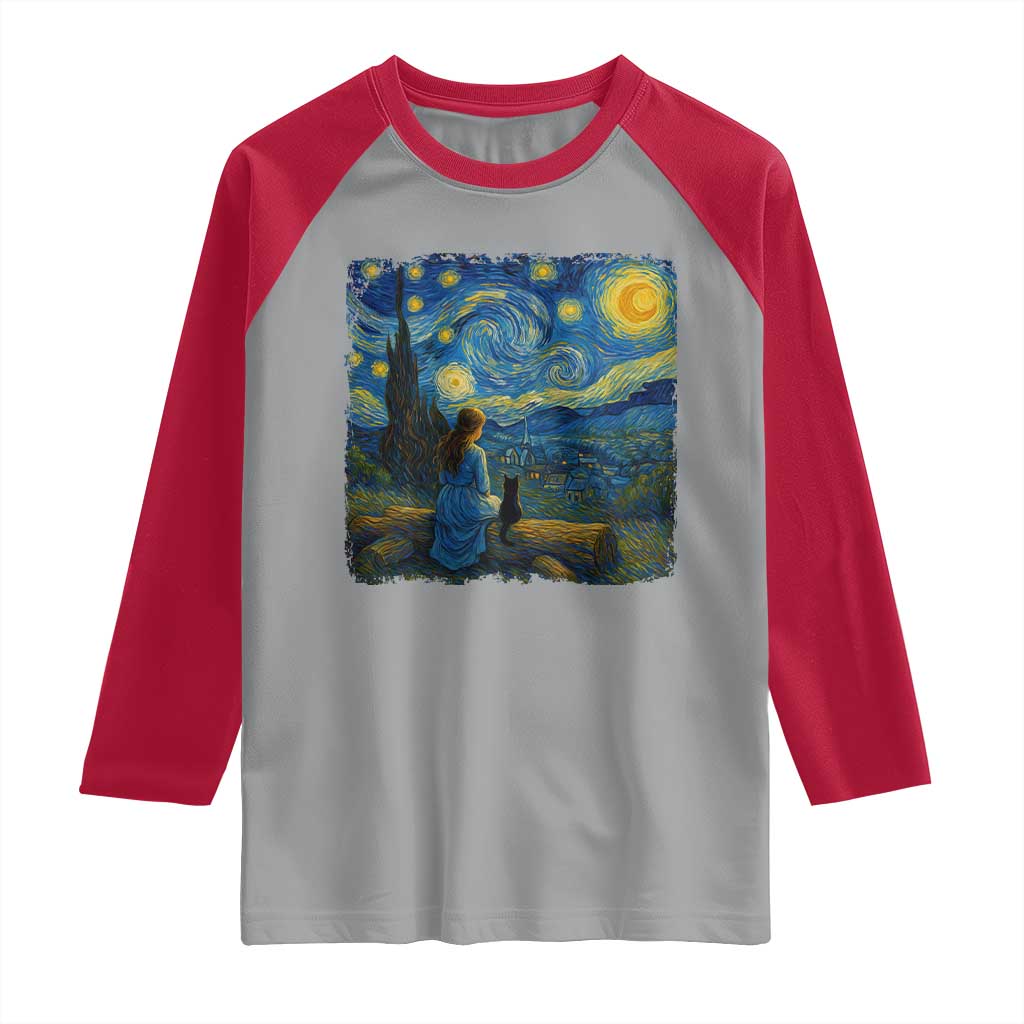 Cute Cat Starry Night Raglan Shirt Kitty Lovers TS14 Sport Gray Red Print Your Wear