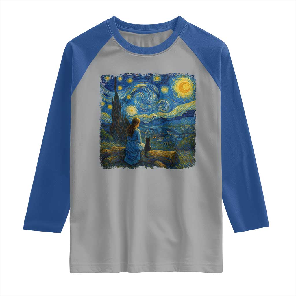 Cute Cat Starry Night Raglan Shirt Kitty Lovers TS14 Sport Gray Royal Print Your Wear