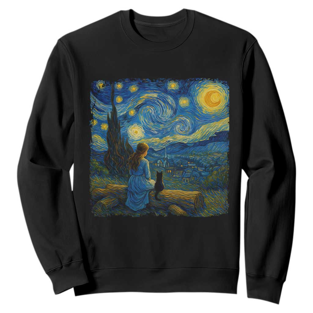Cute Cat Starry Night Sweatshirt Kitty Lovers TS14 Black Print Your Wear
