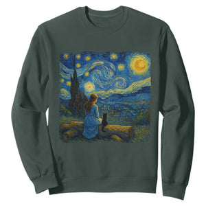 Cute Cat Starry Night Sweatshirt Kitty Lovers TS14 Dark Forest Green Print Your Wear