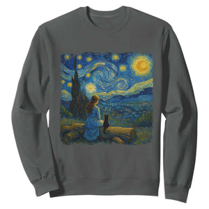 Cute Cat Starry Night Sweatshirt Kitty Lovers TS14 Dark Heather Print Your Wear