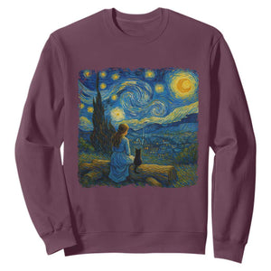 Cute Cat Starry Night Sweatshirt Kitty Lovers TS14 Maroon Print Your Wear